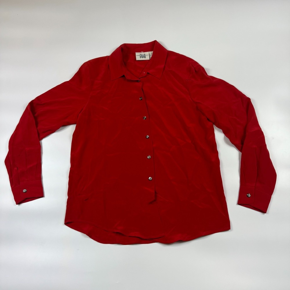 Mark Alexander Shirt Top Womens 8 Red Silk Long Sleeve Collared Button Front
